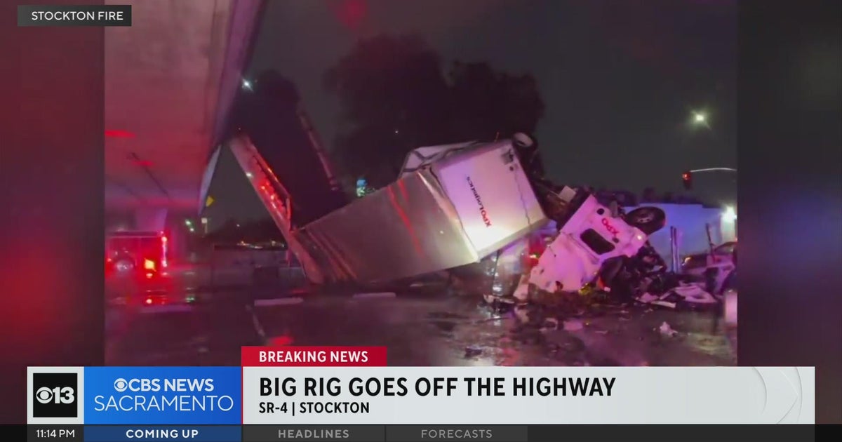 Big rig driver hospitalized after crashing off highway in Stockton