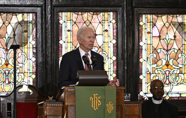 President Biden speaks at the historic Mother Emanuel AME Church in Charleston South Carolina on Jan. 8, 2024.