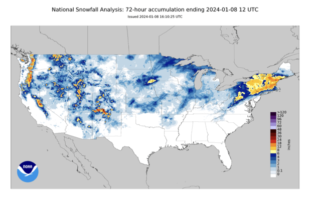 Map shows amounts of snow accumulation as of Monday, Jan. 8, 2024. 