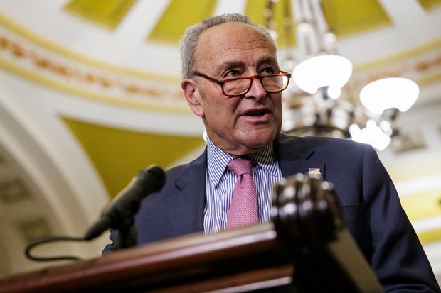 Senate Majority Leader Chuck Schumer speaks during a press conference following the Senate Democrats weekly policy luncheon at the U.S. Capitol on Jan. 9, 2024.