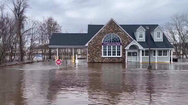 A bank surrounded by flood waters. 