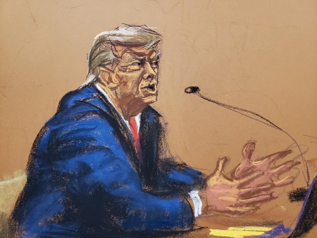 An artist's sketch of former President Donald Trump speaking in court during closing arguments in his New York fraud trial on Thursday, Jan. 11, 2024.