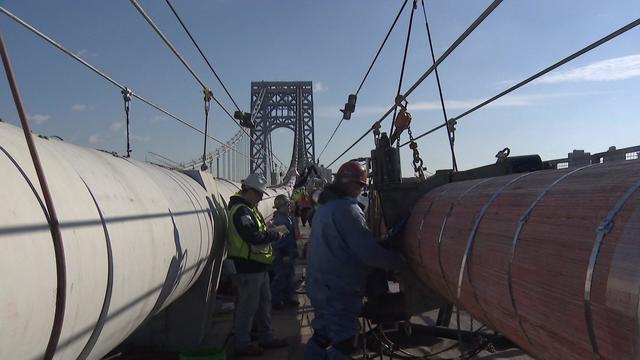 A view of crews during construction on the George Washington Bridge. 