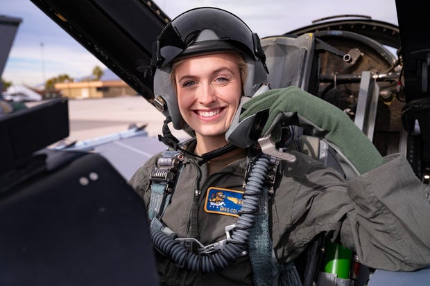 U.S. Air Force 2nd Lt. Madison Marsh prepares for a flight at Nellis Air Force Base in Nevada, Dec. 19, 2023.