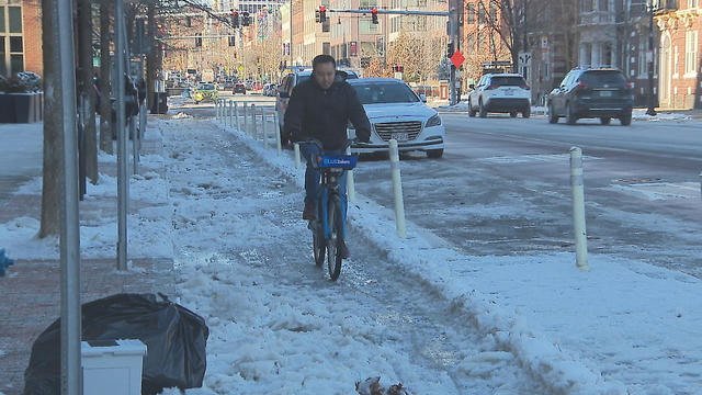 Snow, ice bike lane Cambridge 