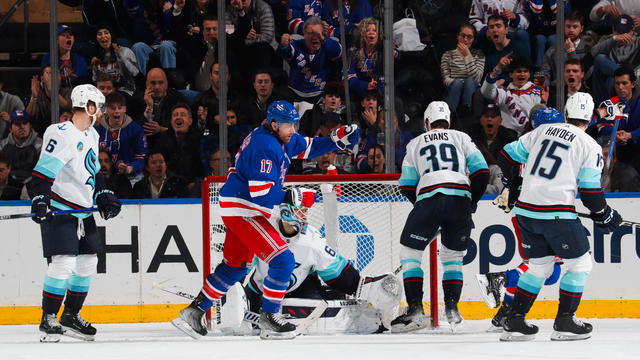 Blake Wheeler #17 of the New York Rangers reacts after scoring a goal in the second period against the Seattle Kraken at Madison Square Garden on January 16, 2024 in New York City. 