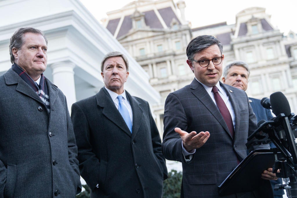 From left, Rep. Mike Turner, Rep. Mike Rogers, Speaker of the House Mike Johnson and Rep. Michael McCaul address the media after a meeting with President Biden at the White House on Wednesday, Jan. 17, 2024. 