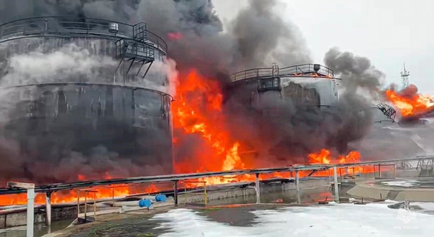 In this photo taken from video released by Governor of Bryansk Region Alexander Bogomaz on the Telegram messaging app on Jan. 19, 2024, oil reservoirs are seen on fire after a Ukrainian drone reached Klintsy, a city in Bryansk Region of Russia