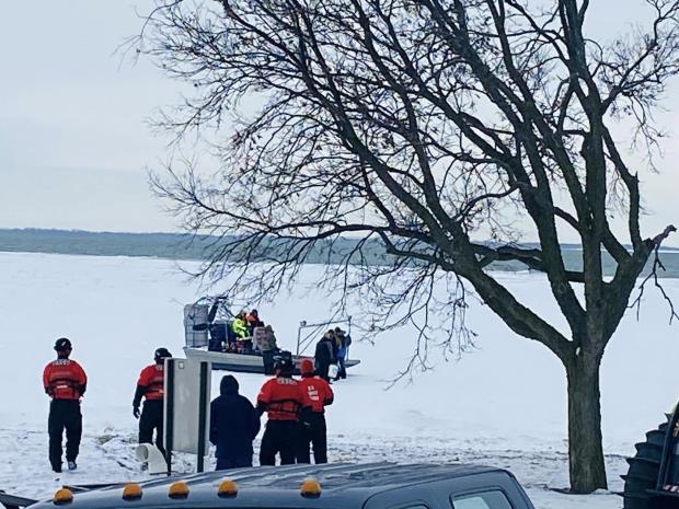 Authorities rush to rescue 20 people who were stranded on an ice floe on Lake Erie, Jan. 22, 2024. 