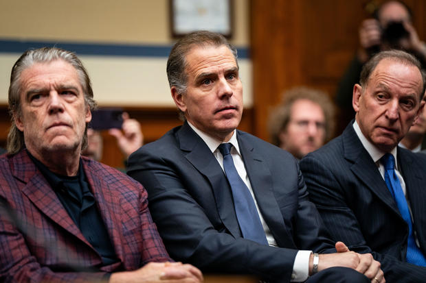 Hunter Biden, flanked by Kevin Morris, left, and Abbe Lowell, right, attends a House Oversight Committee meeting on Jan. 10, 2024, in Washington, D.C. 
