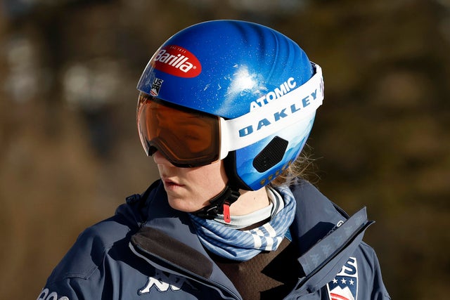 United States' Mikaela Shiffrin concentrates ahead of an alpine ski, women's World Cup downhill race, in Cortina d'Ampezzo, Italy, Jan. 26, 2024.