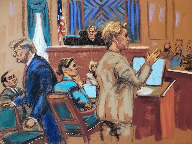 An artist's sketch of former President Donald Trump walking out of a federal courtroom in New York as an attorney for E. Jean Carroll presents her closing argument on Friday, Jan. 26, 2024. 