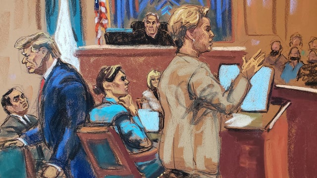 An artist's sketch of former President Donald Trump walking out of a federal courtroom in New York as an attorney for E. Jean Carroll presents her closing argument on Friday, Jan. 26, 2024. 