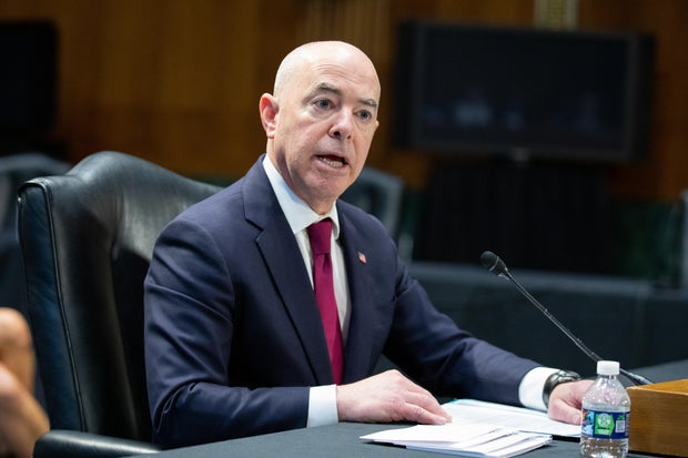 Secretary of Homeland Security Alejandro Mayorkas responds to lawmakers' questions during a Senate subcommittee hearing on May 4, 2022.