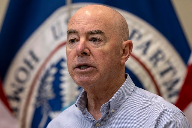 Department of Homeland Security Secretary Alejandro Mayorkas holds a press conference at a U.S. Border Patrol station on Jan. 8, 2024, in Eagle Pass, Texas.
