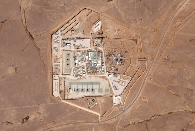 This satellite photo from Planet Labs PBC shows the military base known as Tower 22 in northeastern Jordan on Oct. 12, 2023. 