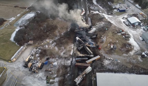 Derailed freight train cars in East Palestine, Ohio, in 2023