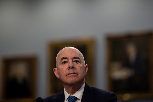 Homeland Security Secretary Alejandro Mayorkas testifies during a House Appropriations Homeland Security Subcommittee hearing on April 27, 2022. 
