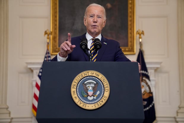 President Biden delivers remarks on the Emergency National Security Supplemental Appropriations Act in the State Dining Room of the White House on Tuesday, Feb. 6, 2024, in Washington.