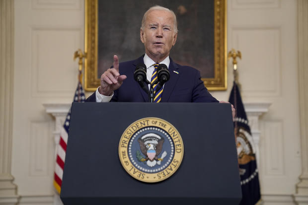 President Biden delivers remarks on the Emergency National Security Supplemental Appropriations Act in the State Dining Room of the White House on Tuesday, Feb. 6, 2024, in Washington. 