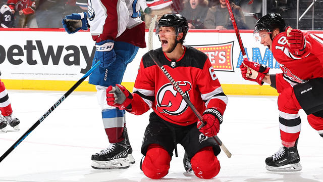 John Marino #6 of the New Jersey Devils celebrates after scoring in the third period of the game against the New Jersey Devils at the Prudential Center on February 6, 2024 in Newark, New Jersey. 