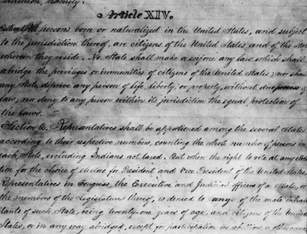 Draft of the 14th Amendment to the Constitution, outlining the rights and privileges of American citizenship, ratified in 1868. 