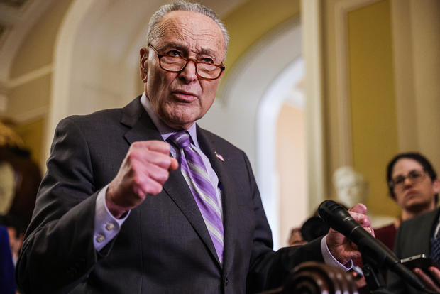 Senate Majority Leader Chuck Schumer, a Democrat from New York, speaks to reporters during a news conference following the weekly Democratic caucus luncheon at the US Capitol in Washington, DC, US, on Tuesday, Feb. 6, 2024. 