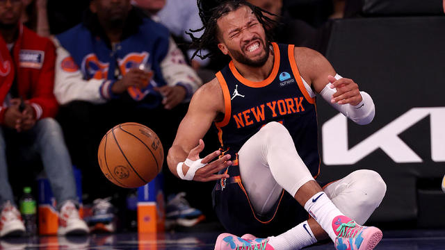 Jalen Brunson #11 of the New York Knicks reacts after he rolled his his ankle s in the fourth quarter against the Memphis Grizzlies at Madison Square Garden on February 06, 2024 in New York City. Brunson left the game and did not return. 