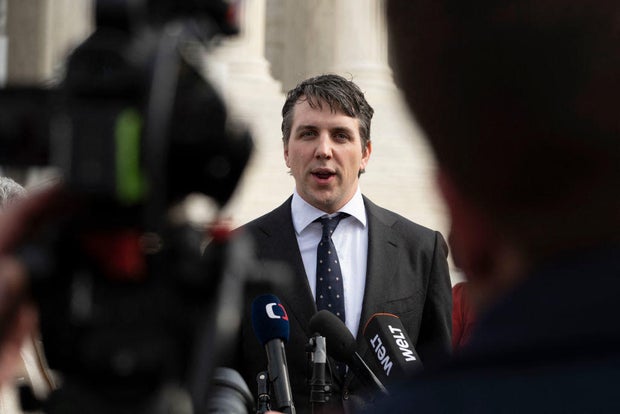 Jason Murray, the lead attorney for a group of Colorado voters challenging former President Donald Trump's eligibility, speaks to members of the press outside the Supreme Court on Thursday, Feb. 8, 2024.