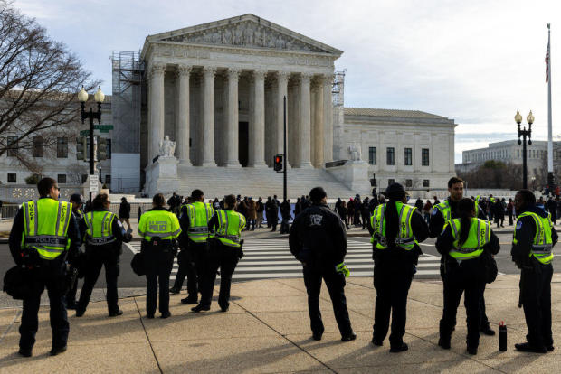 Police officers stand outside the Supreme Court on Feb. 8, 2024, in Washington, D.C. 