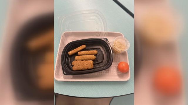 A photo of a school lunch on a tray consisting of five mozzarella sticks, an orange and a container of an unknown food. 