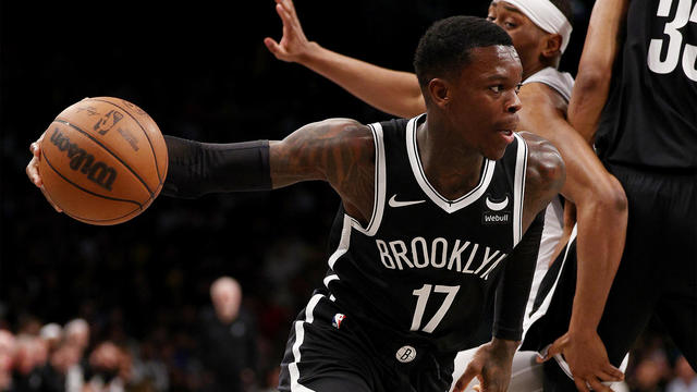 Dennis Schroder #17 of the Brooklyn Nets heads for the net in the second half against the San Antonio Spurs at Barclays Center on February 10, 2024 in the Brooklyn borough of New York City. 