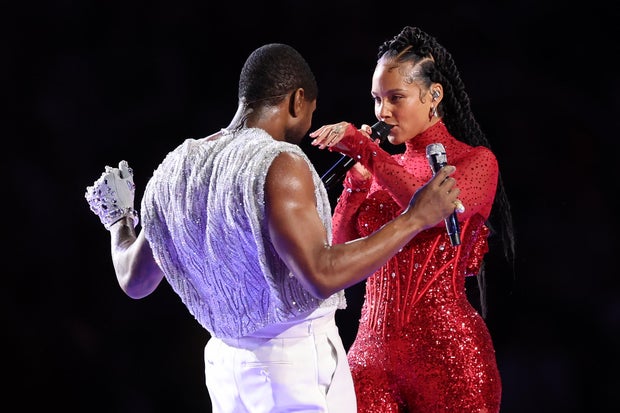 Usher and Alicia Keys perform at the Apple Music Super Bowl LVIII Halftime Show