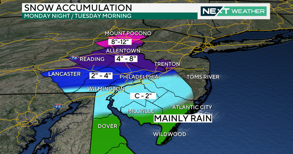 Philadelphia Weather: Rainstorms move in overnight.  Possible snow accumulation on Tuesday