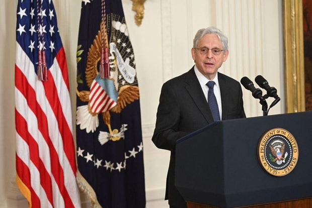 Attorney General Merrick Garland speaks during a ceremony to honor Medal of Valor recipients in the East Room of the White House on May 17, 2023.