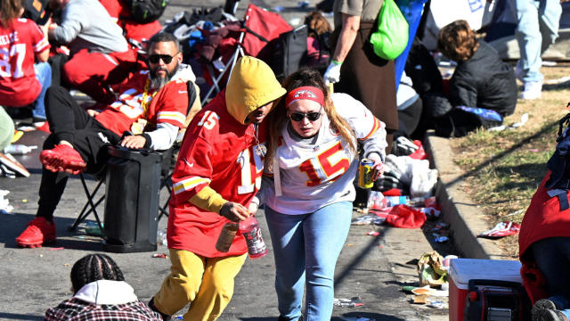 Fans leave the Kansas City Chiefs' Super Bowl celebration after shots were fired Feb. 14, 2024, in Kansas City, Missouri. 