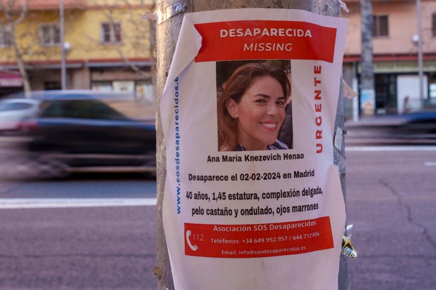 A poster for missing woman Ana Maria Knezevic displayed on a streetlight in Madrid, Spain