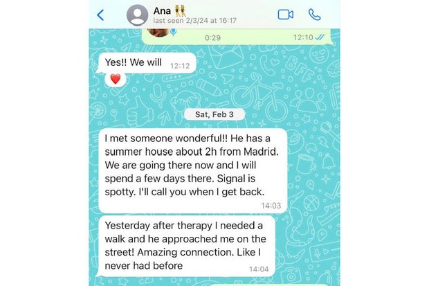 This image of a screen shot provided by Sanna Rameau, shows a Feb. 3, 2024 text message thread between Ana Maria Knezevic and Rameau.
