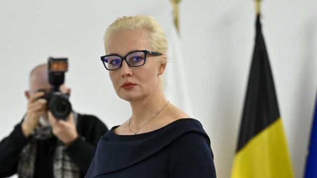 Yulia Navalnaya, speaks as she meets with Belgium's foreign minister in Brussels on Feb. 19, 2024. 