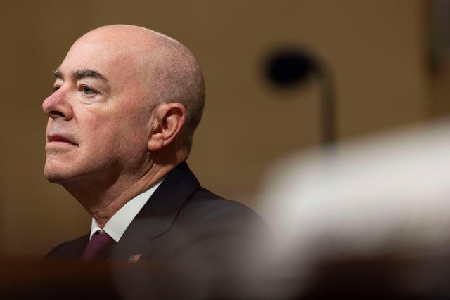 Homeland Security Secretary Alejandro Mayorkas testifies during a hearing on Capitol Hill on Nov. 15, 2023. 