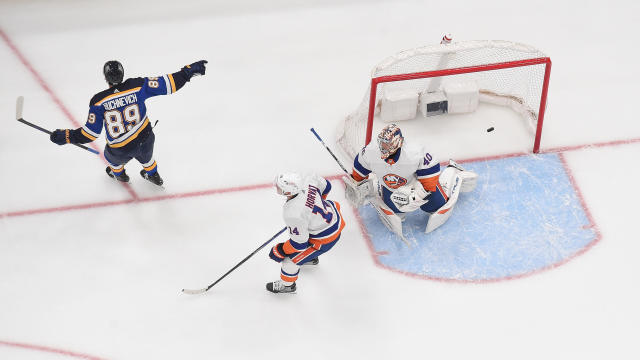 Pavel Buchnevich #89 of the St. Louis Blues reacts after scoring a goal past Semyon Varlamov #40 of the New York Islanders on February 22, 2024 at the Enterprise Center in St. Louis, Missouri. 