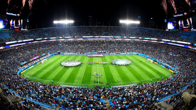Fans fill the stadium during the National Anthem before a soccer match between the Charlotte FC and the New York City FC at Bank of America Stadium on February 24, 2024 in Charlotte, North Carolina. 