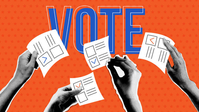 Voting concept. People's hands holding vote ballots in trendy halftone collage style. Vector dotted Cutouts magazines. 2024 president election concept, 