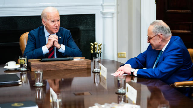 President Joe Biden and Senate Majority Leader Chuck Schumer (NY) during a meeting with Democratic Congressional leaders in the Roosevelt Room of the White House on Tuesday, January 24, 2023. 