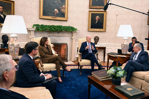 President Biden and Vice President Kamala Harris meet with congressional leaders at the White House on Feb. 27, 2024. 