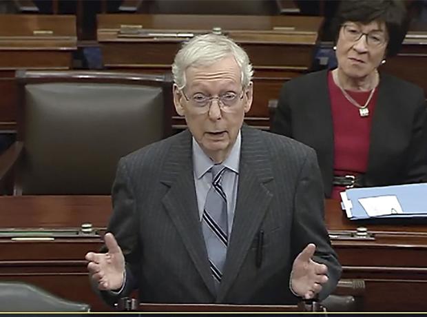 Senate Minority Leader Mitch McConnell speaks on the Senate floor on Wednesday, Feb. 28, 2024. 