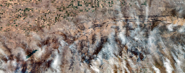 A satellite image shows the Smokehouse Creek Fire burning in Texas, Feb. 28, 2024. 