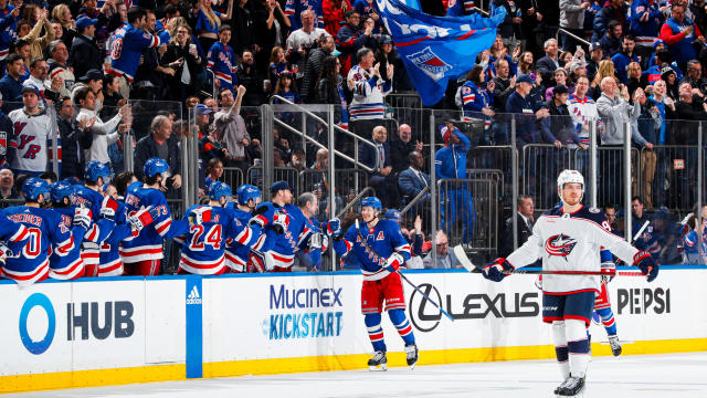 rtemi Panarin #10 of the New York Rangers celebrates with teammates after scoring a goal in the second period against the Columbus Blue Jackets at Madison Square Garden on February 28, 2024 in New York City. 