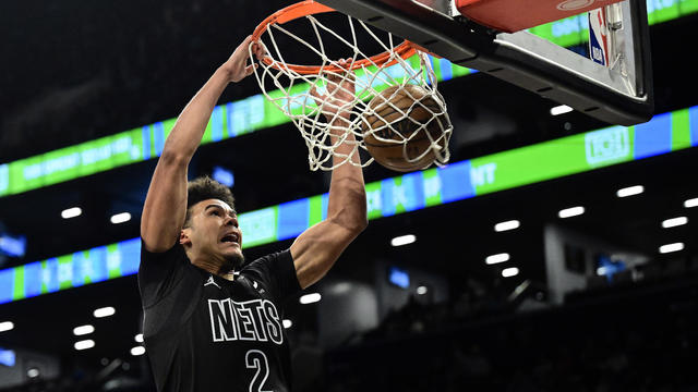 Cameron Johnson #2 of the Brooklyn Nets dunks the ball against the Atlanta Hawks at Barclays Center on February 29, 2024 in New York City. 