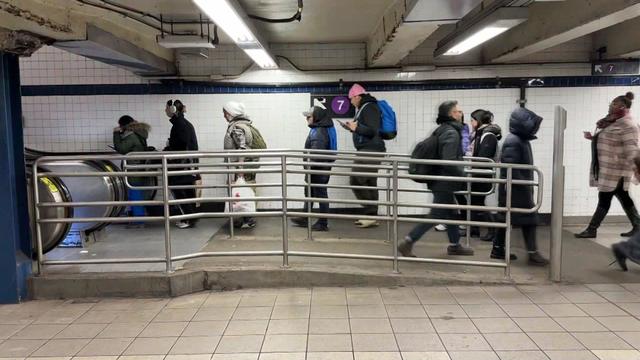 At least half a dozen people stand in line to get on an escalator inside a subway station. 